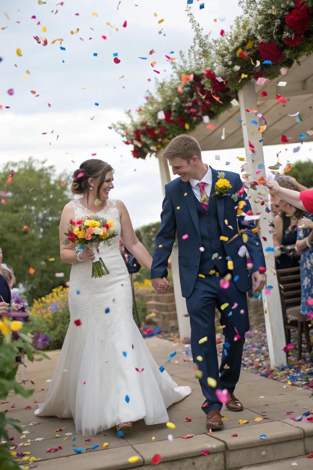 A burst device crafts a festive entrance for the newlyweds.