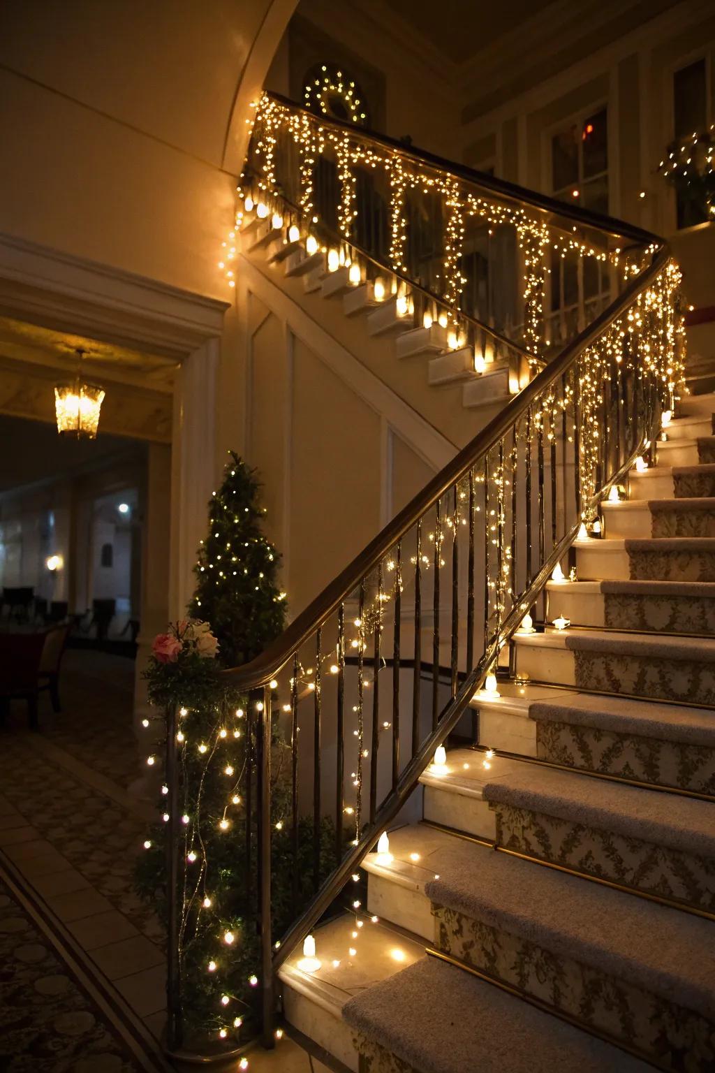 Sparkling lights transform this staircase into an enchanted evening setting.