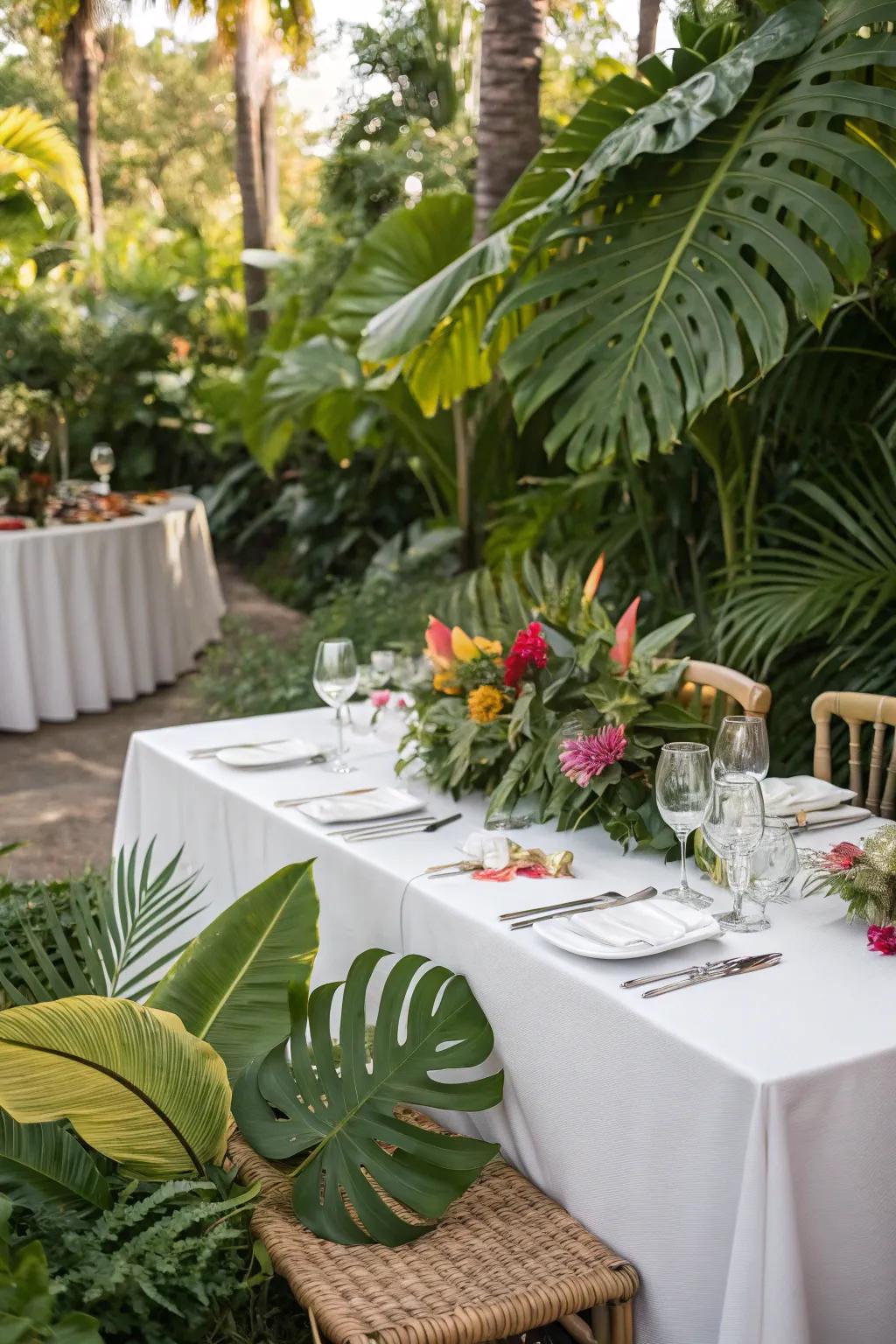 Jungle foliage adds an exotic and vibrant touch to summer weddings.