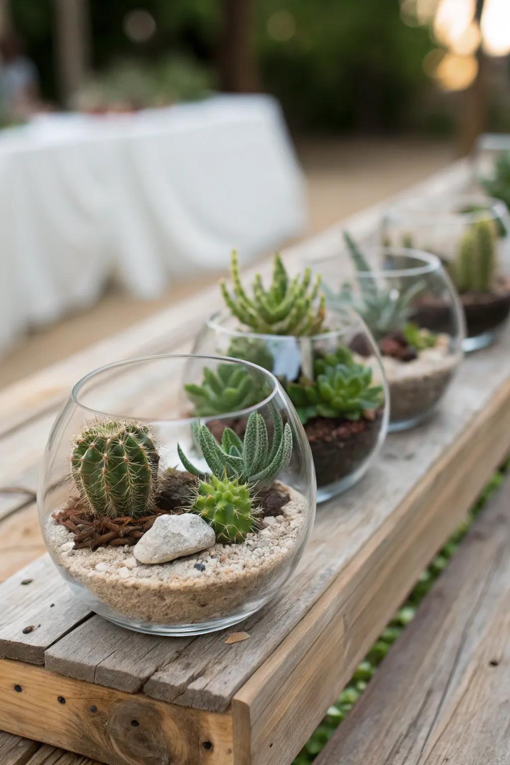 Cacti in boxes offer a desert-inspired and earthy vibe for your table.