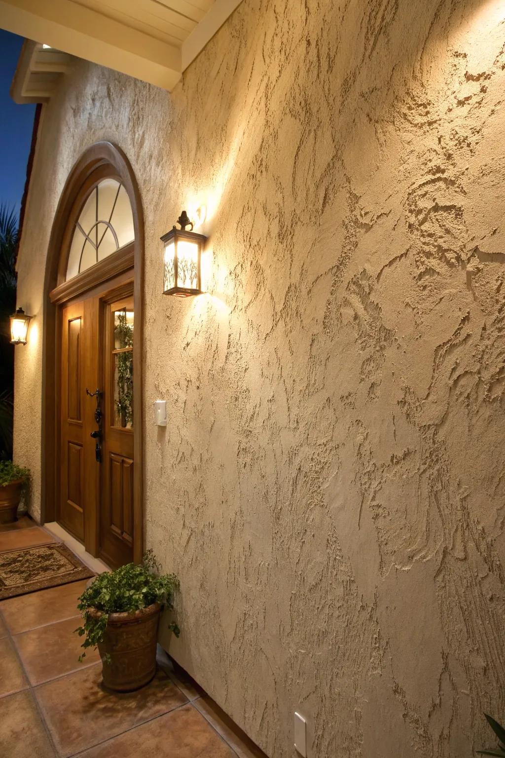 Textured wall coating adding prairie depth to an entryway.