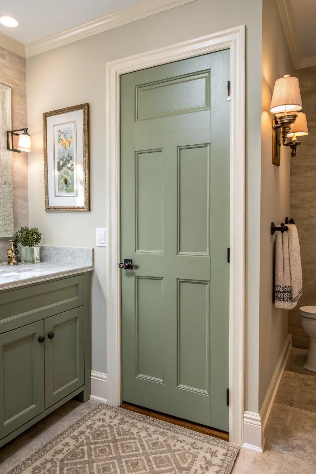 Clary green doors create a sophisticated and serene atmosphere.