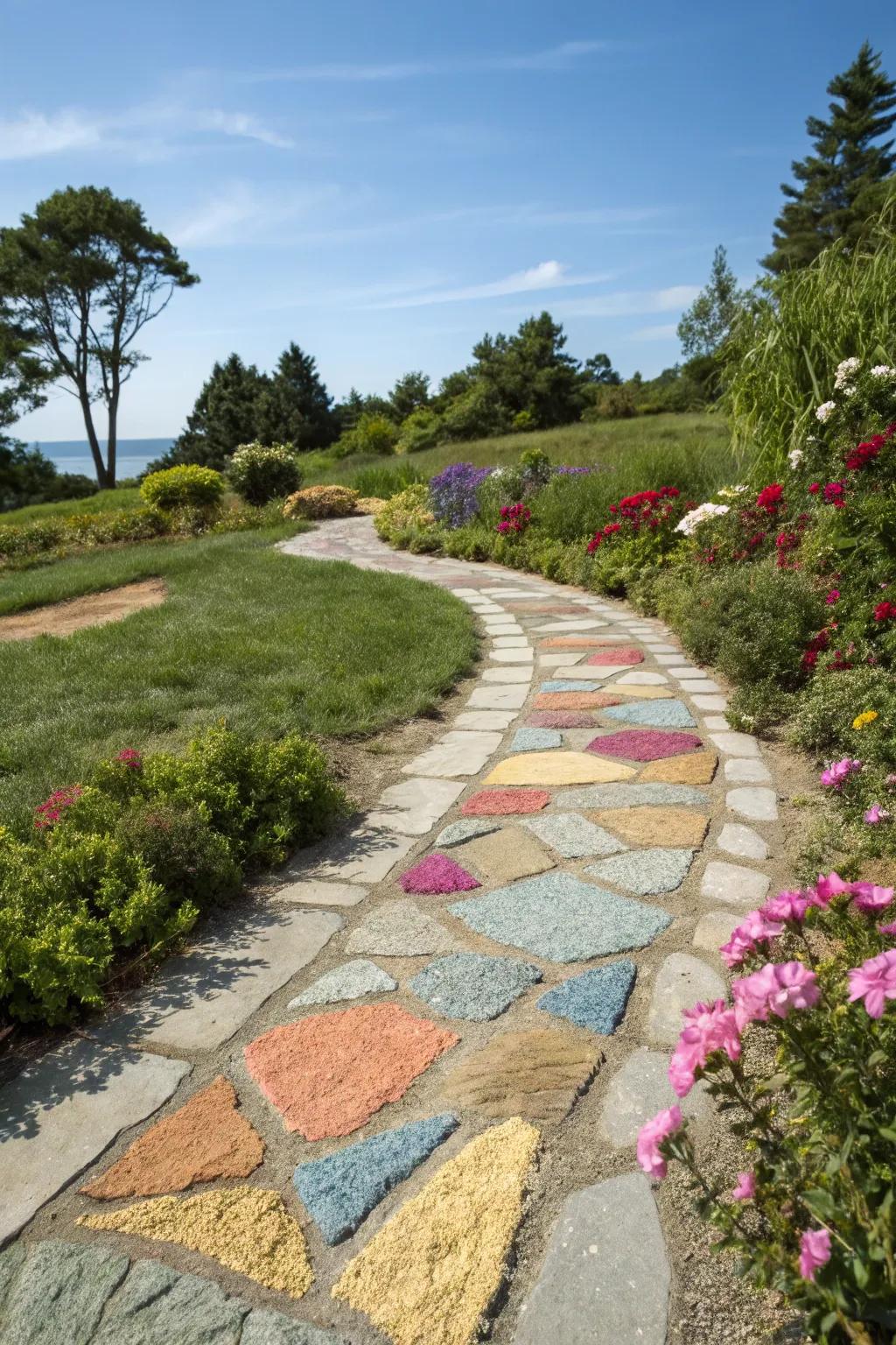 Colored sand adding a playful, artistic touch to paver paths.