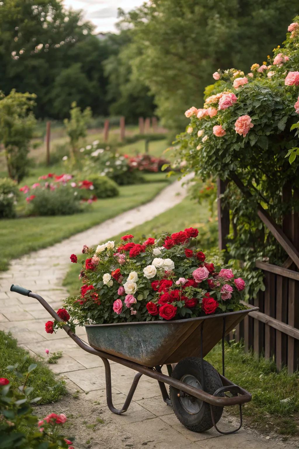 Bring romance to your garden using a rose-filled wheelbarrow.