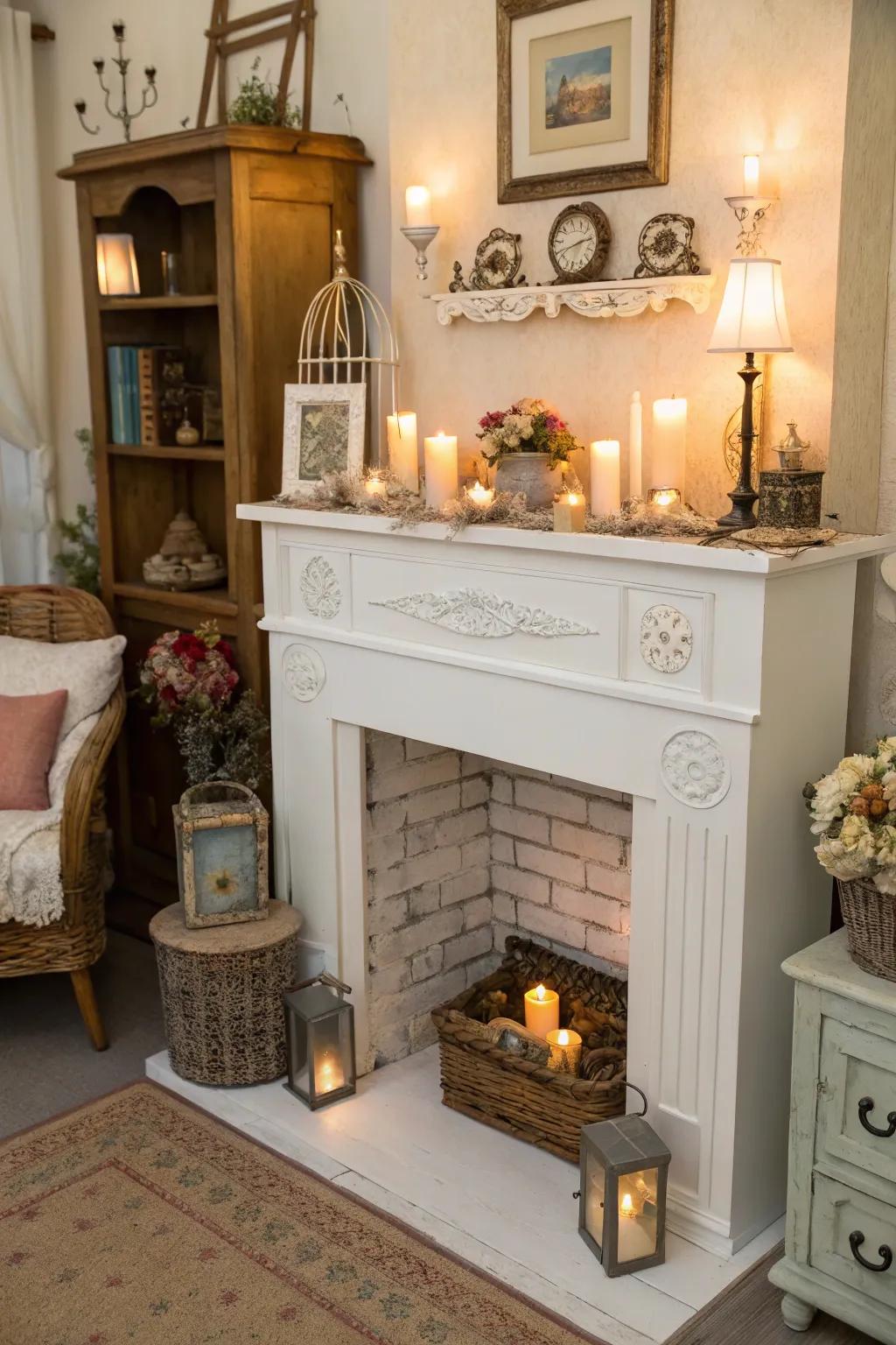 Vintage decor adds a whimsical and cozy charm to a white fireplace.