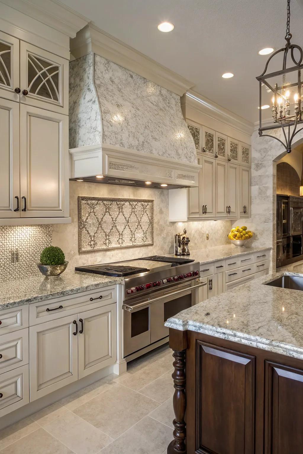 Metallic veins add a touch of luxury to a frost white granite kitchen.