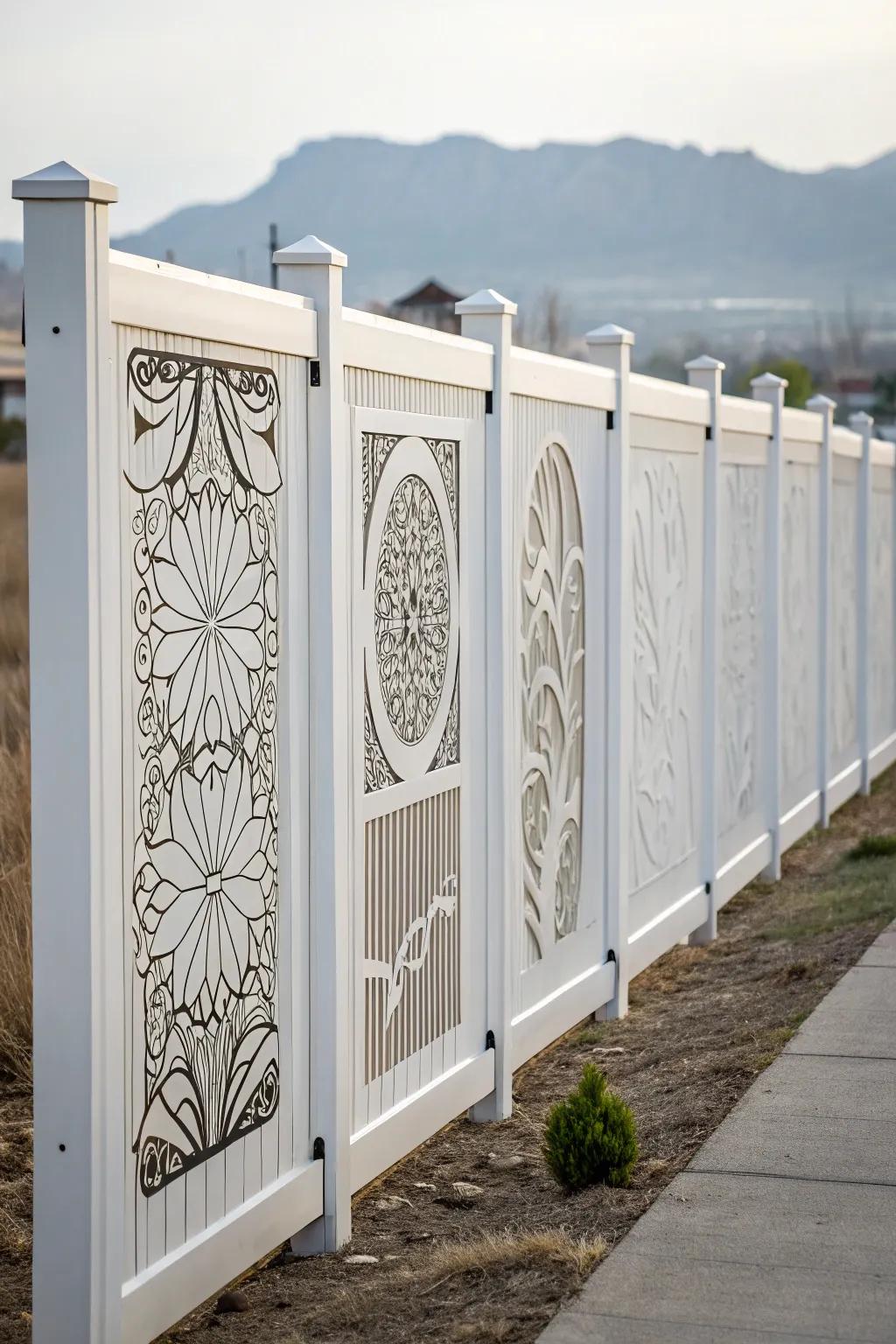 Artistic panels add a unique and creative flair to a white fence.