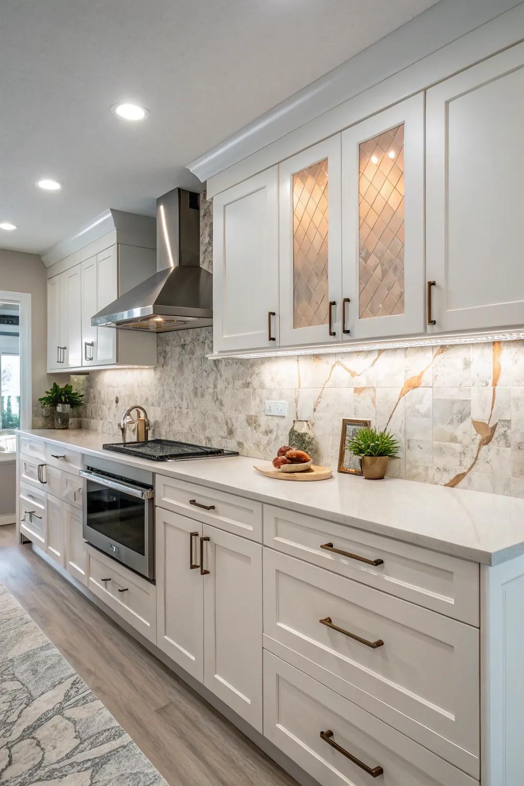 Crystalized stone backsplash that features subtle color changes to add depth.