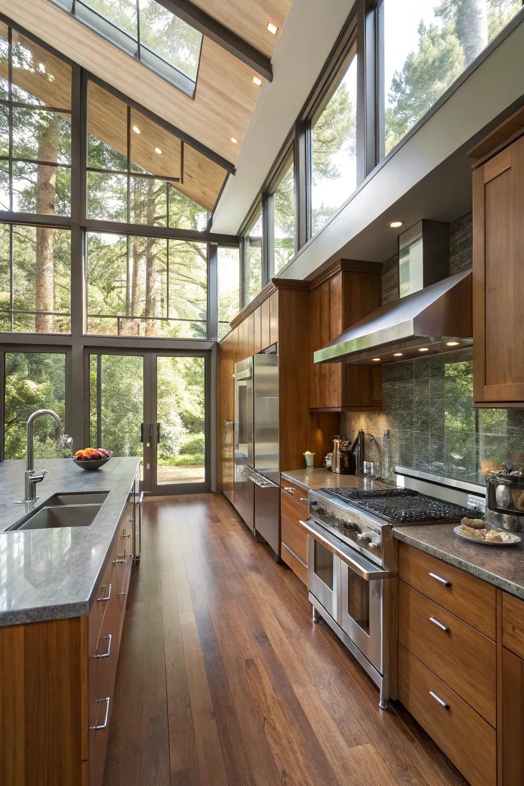 Diverse materials contributing sophistication to a wide galley kitchen.