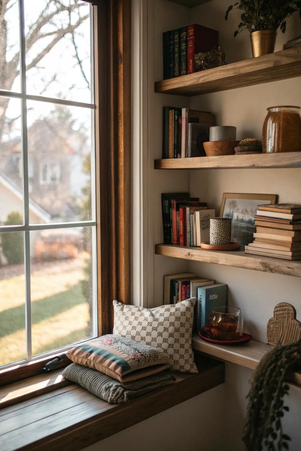 Floating shelves add both style and utility to your window nook.
