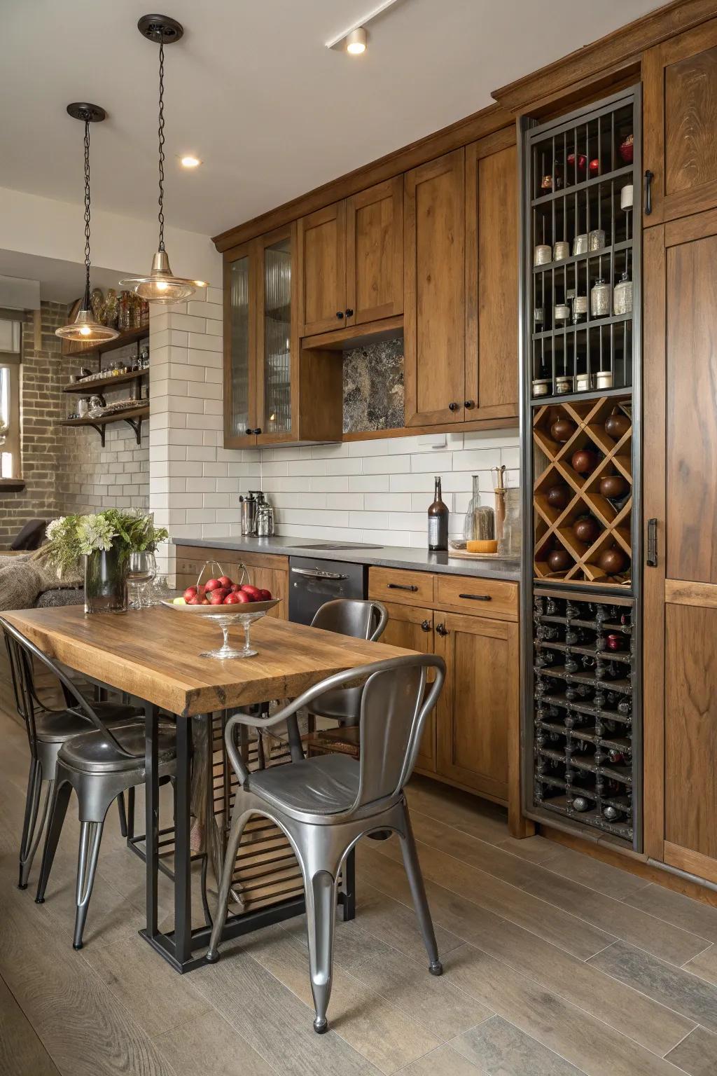 A mix of materials adds texture to wine storage.