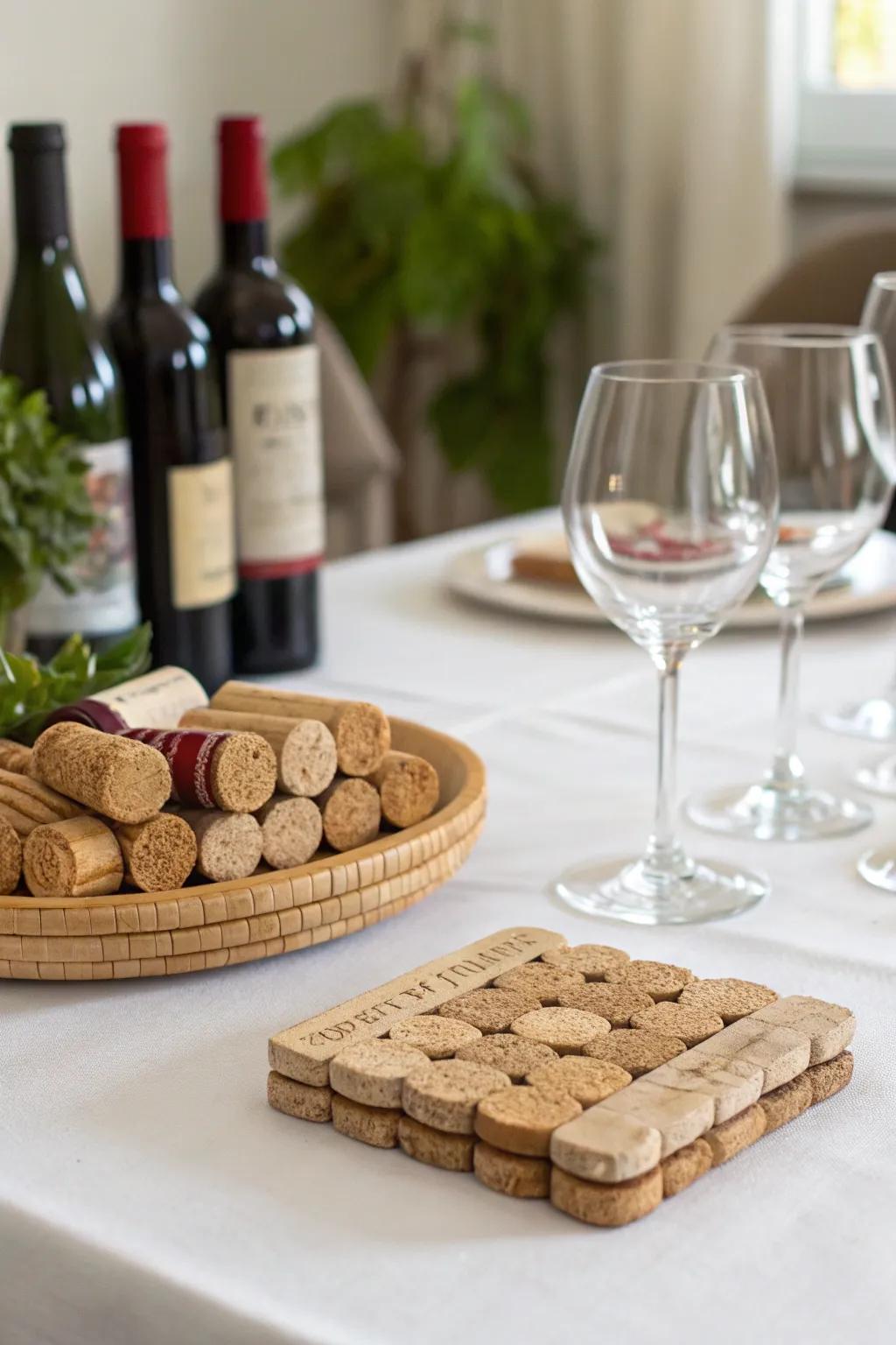 Handmade wine cork coasters introduce a personal and rustic detail.