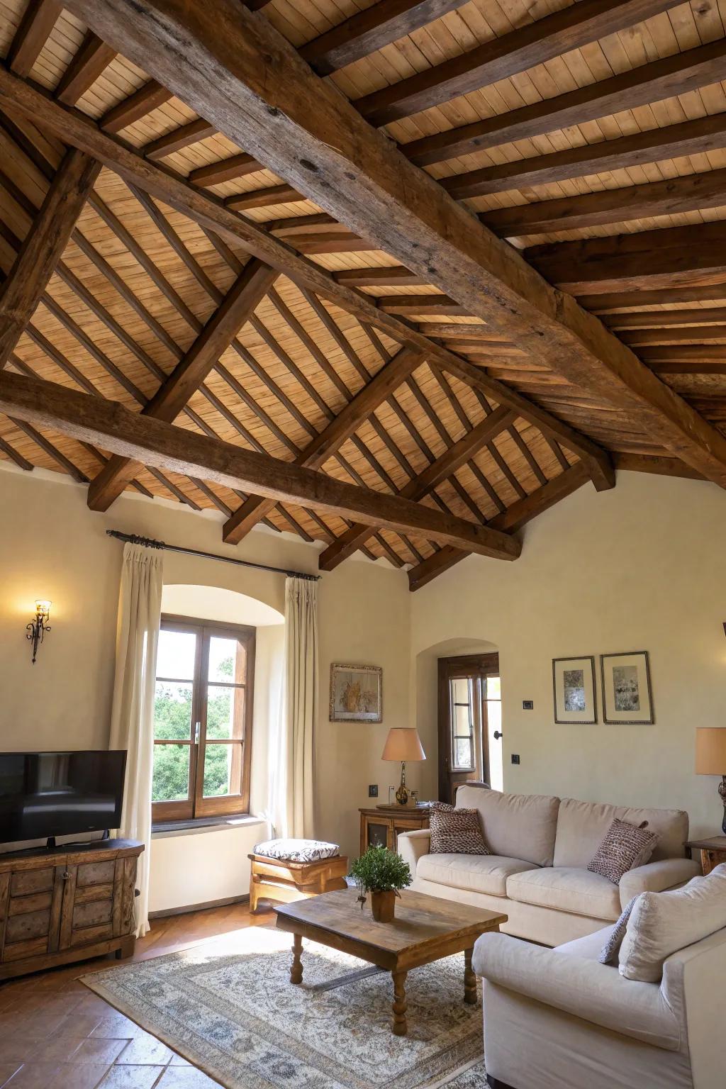 An artistic ceiling pattern created with wood beams.