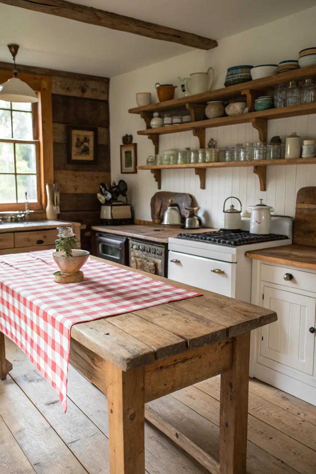 Wide board timber countertops for a classic countryside feel.