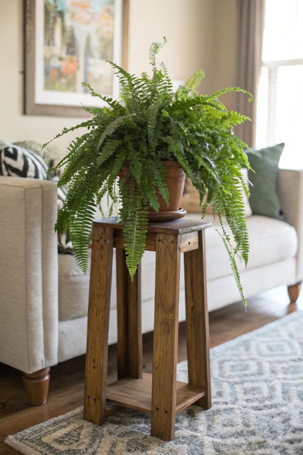 A wooden plant stand elevates greenery.