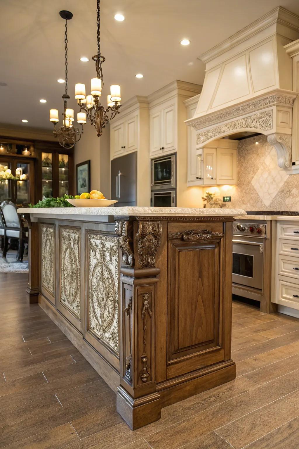 An island that serves as an artistic focal point in the kitchen.