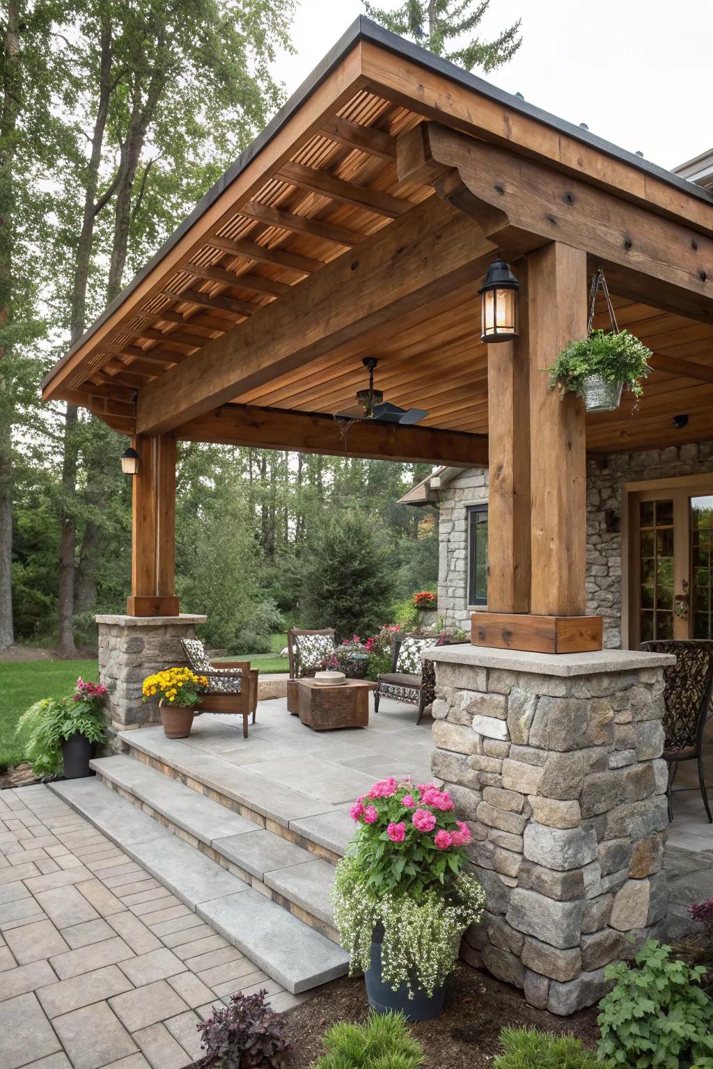 A rugged patio shelter intermixing stone and timber.