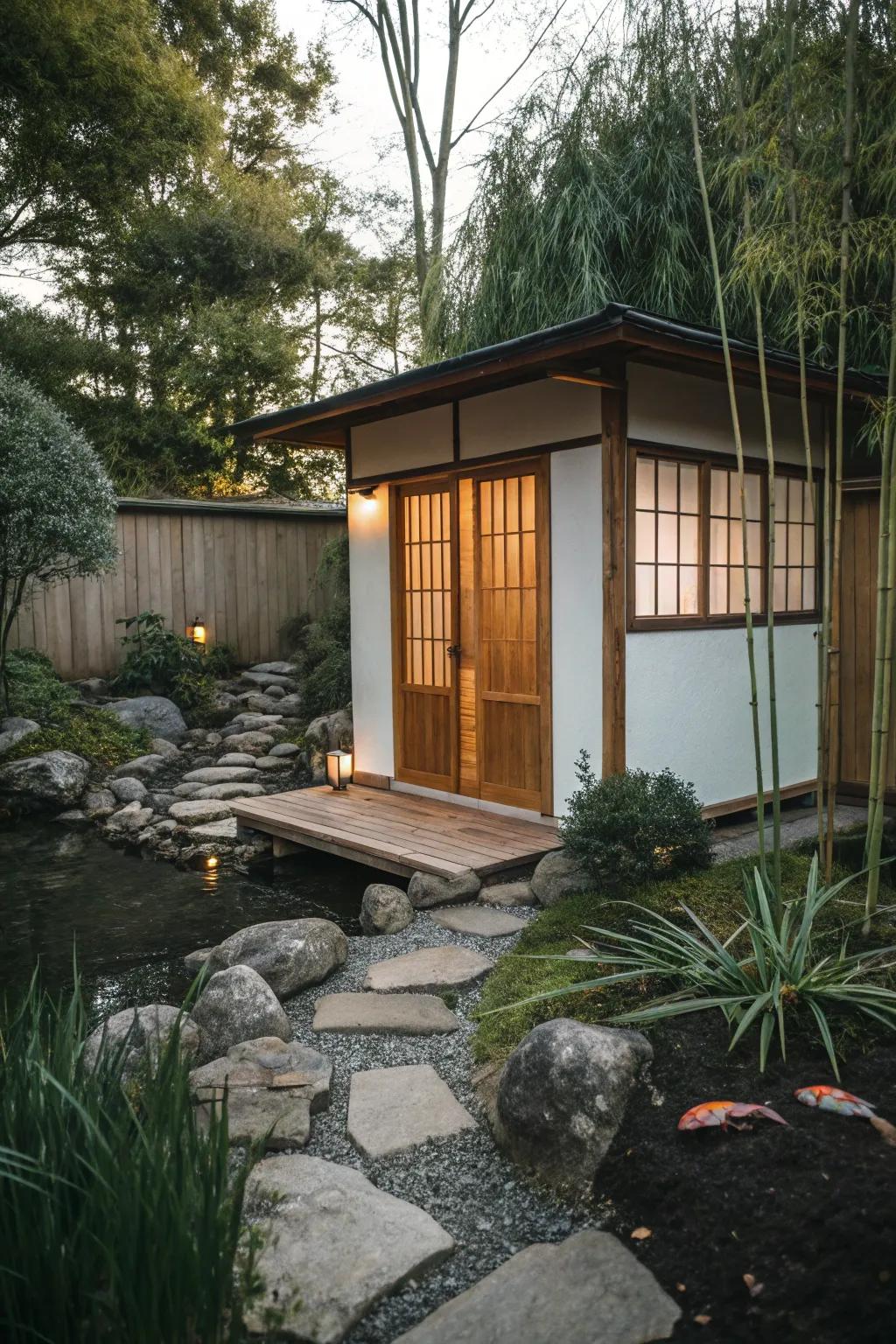 A tranquil, Zen-inspired writing shed perfect for reflection and creativity.