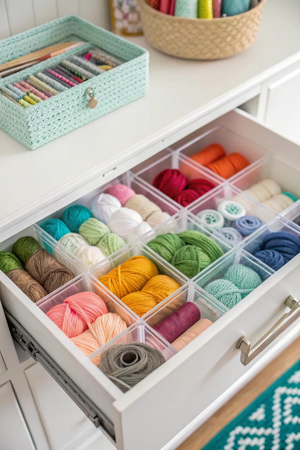 See-through drawer dividers keep yarn organized and easy to reach.