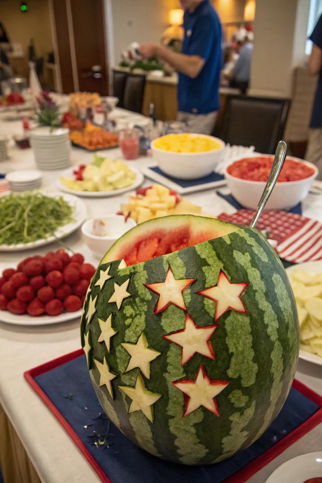 A carved watermelon centerpiece refreshes and delights visitors.