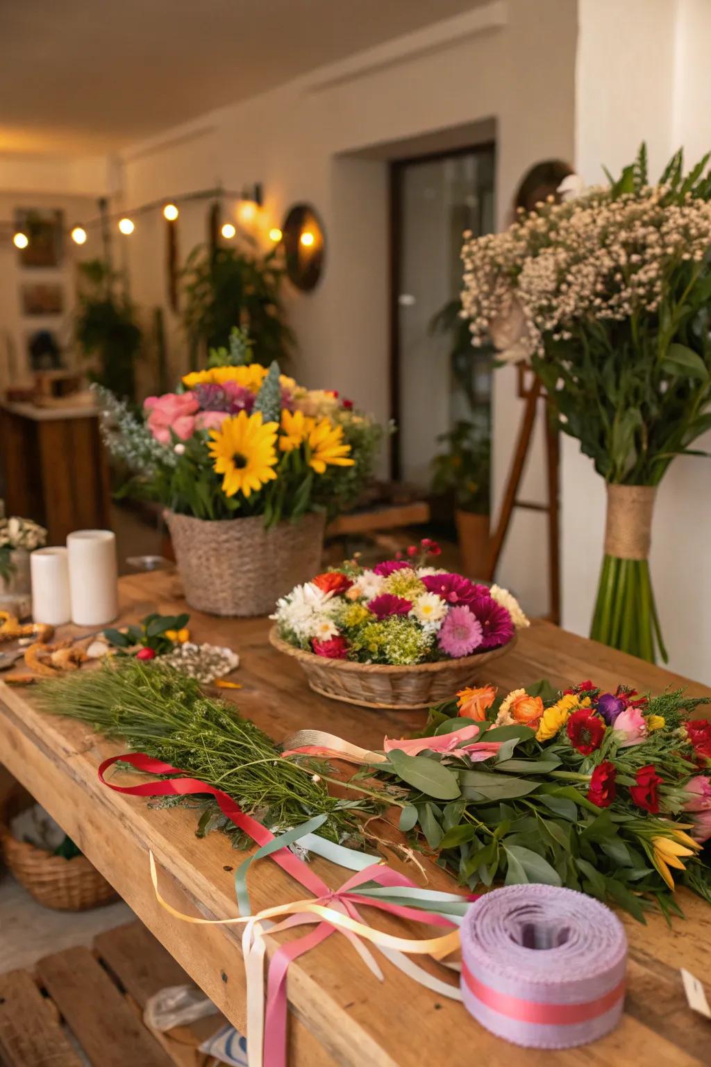 Guests create whimsical flower crowns at the garden party.