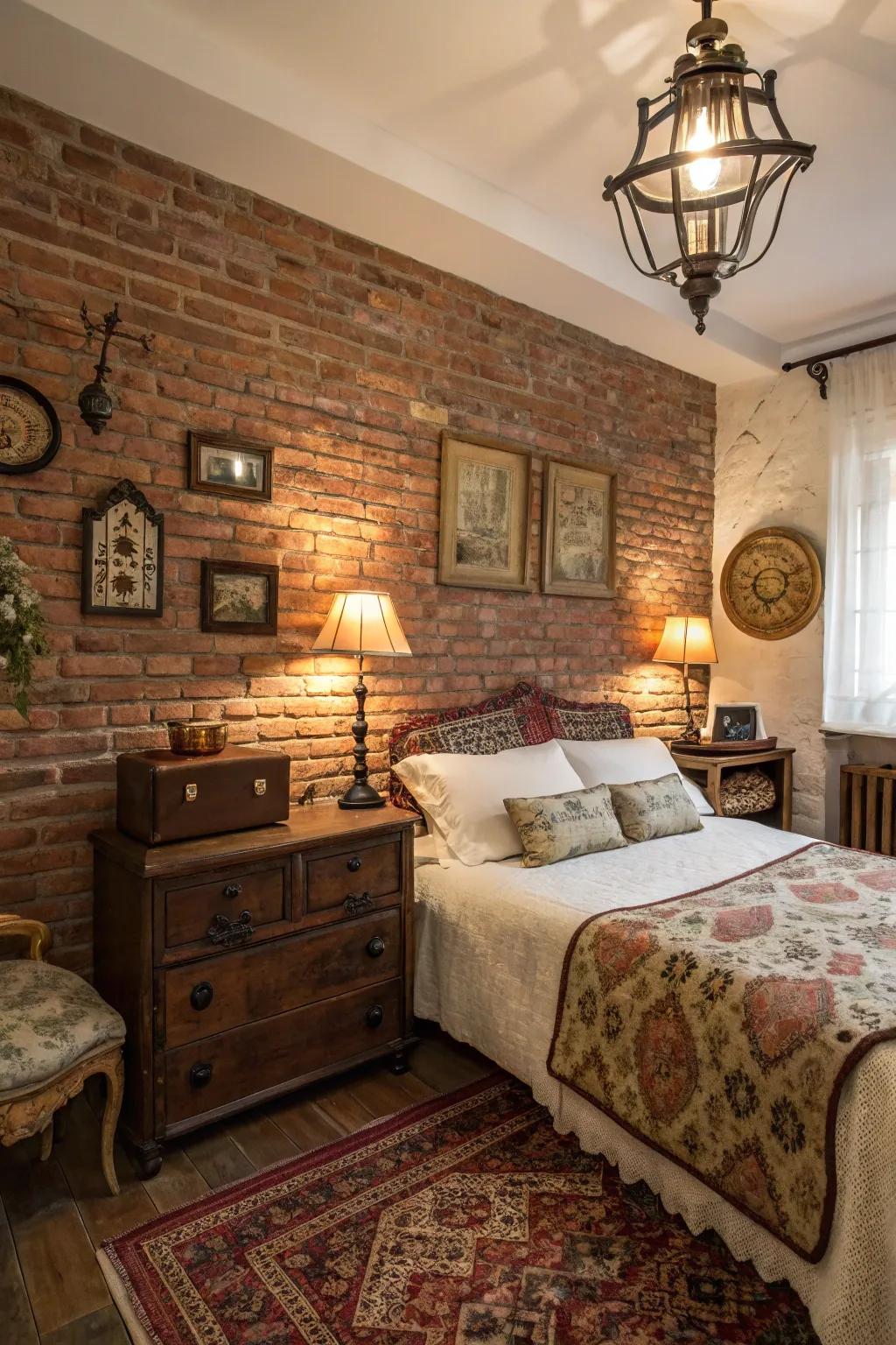 A stonework feature wall adds period charm and warmth to the bedroom.