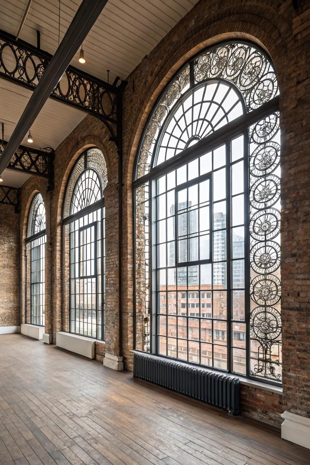 Stylish industrial loft with artistic metalwork on arched windows.