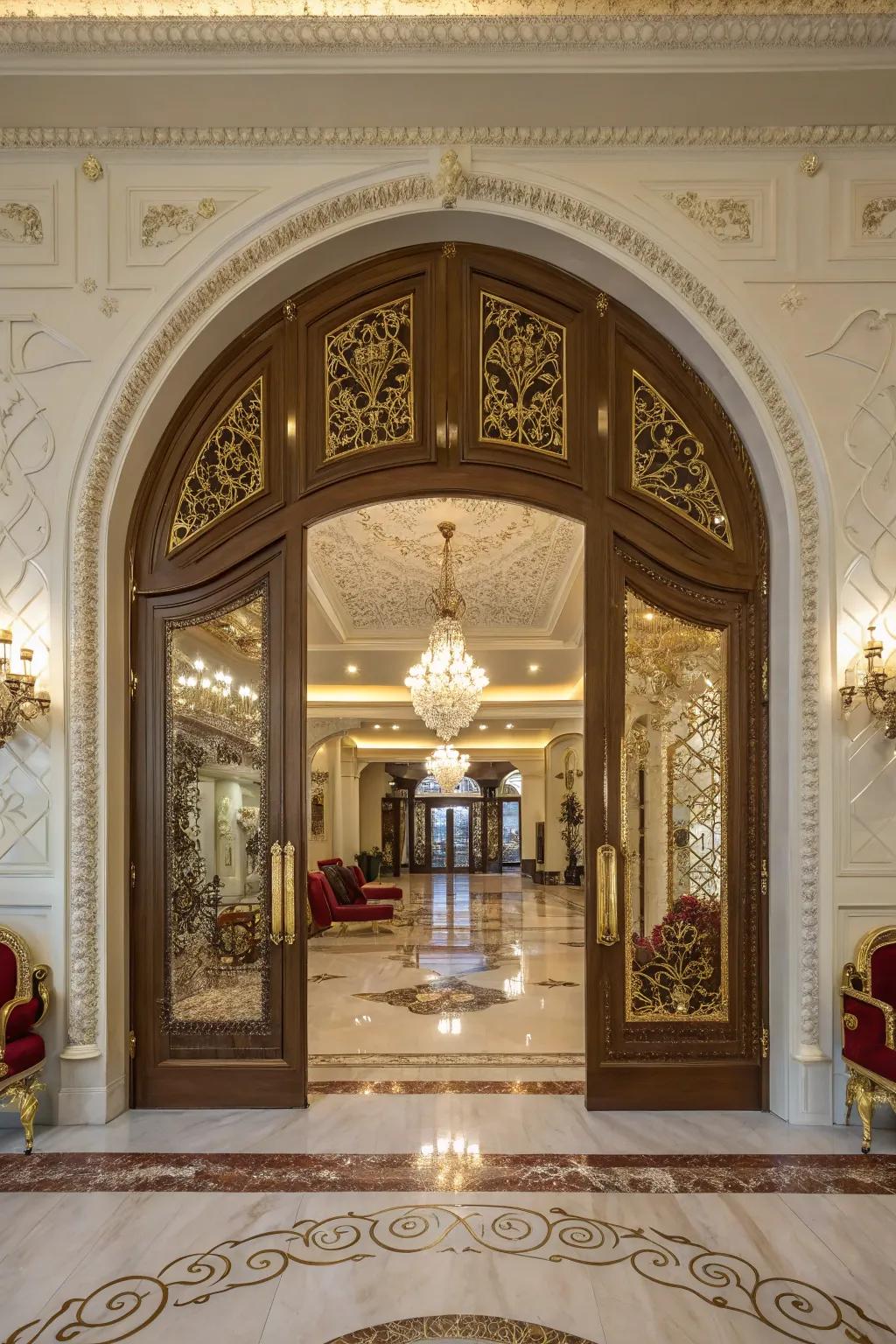 Double-height arched doors making a dramatic entrance in an opulent space.