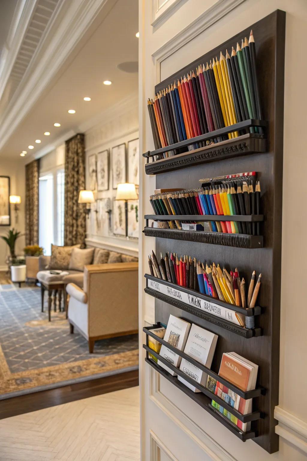 Custom wall-mounted racks offer personalized solutions for organizing your art supplies.