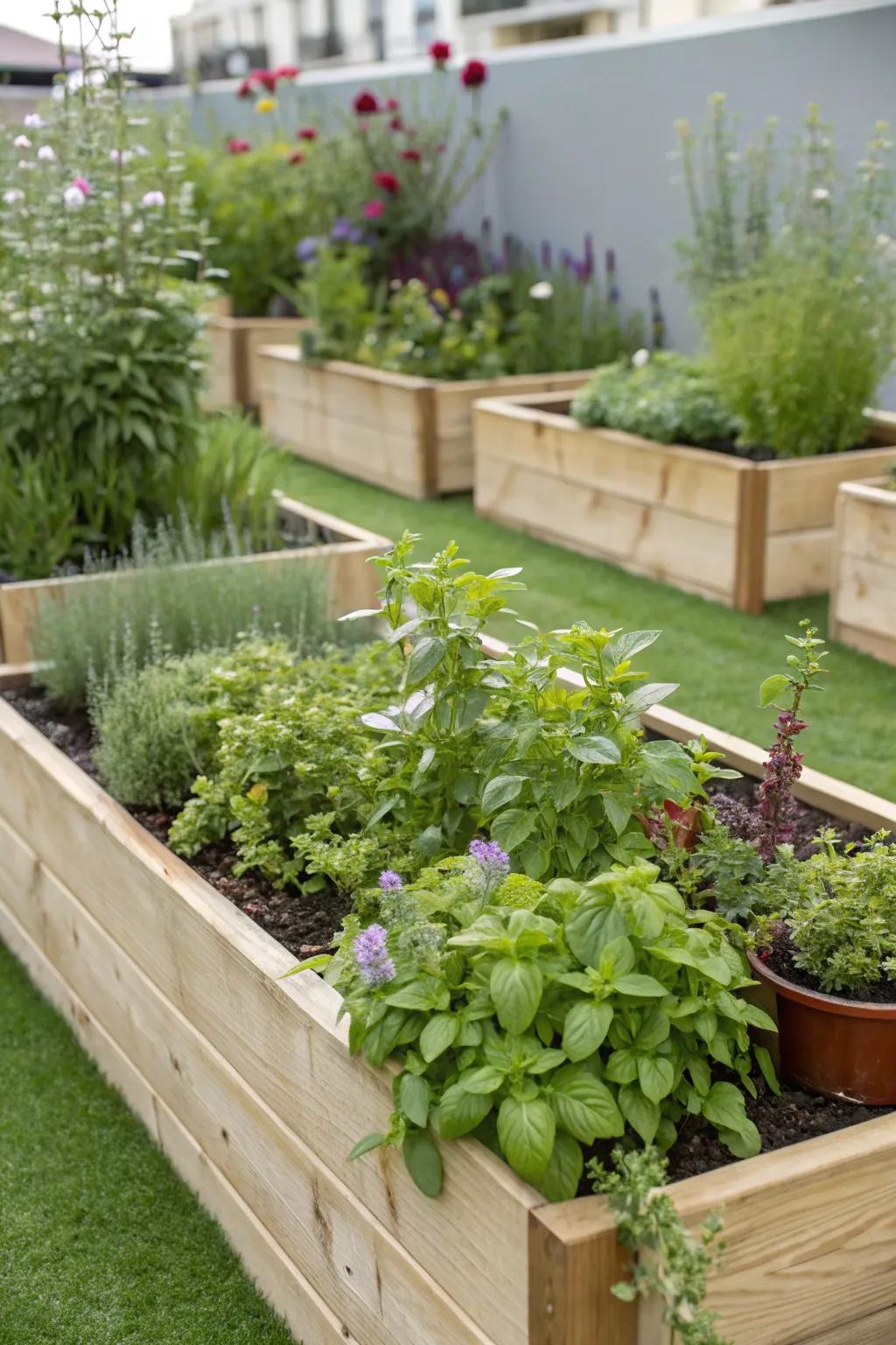 A lush herb garden surrounded by vibrant synthetic turf.