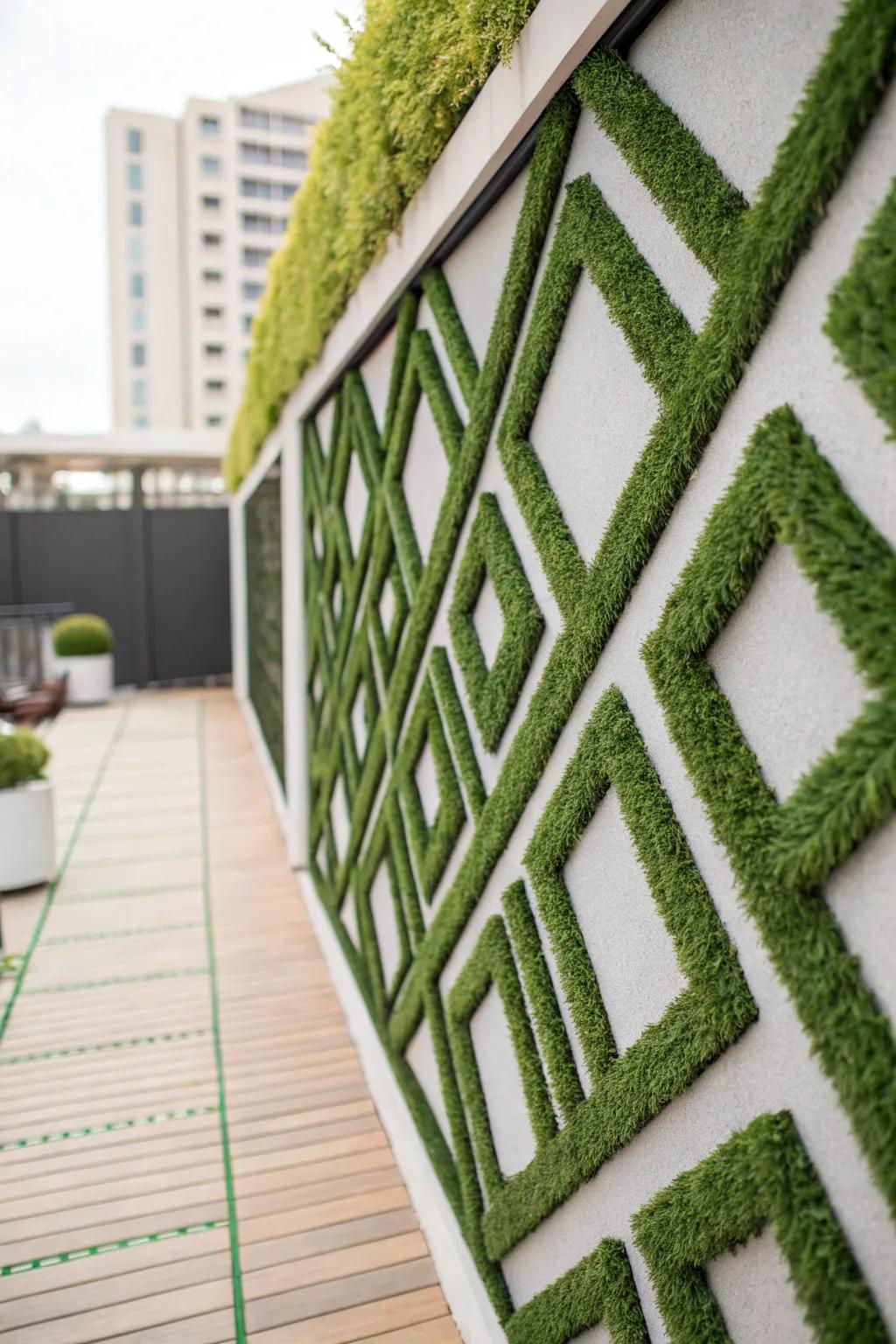 A wall featuring a bold geometric pattern made from artificial greenery for a unique artistic touch.
