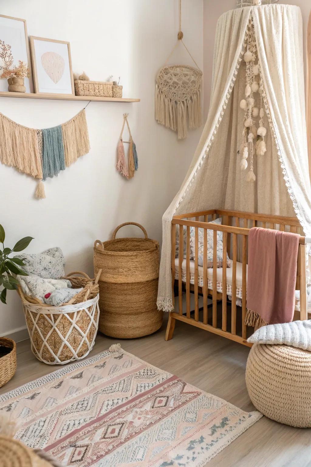 Bohemian accents add texture and a relaxed vibe.