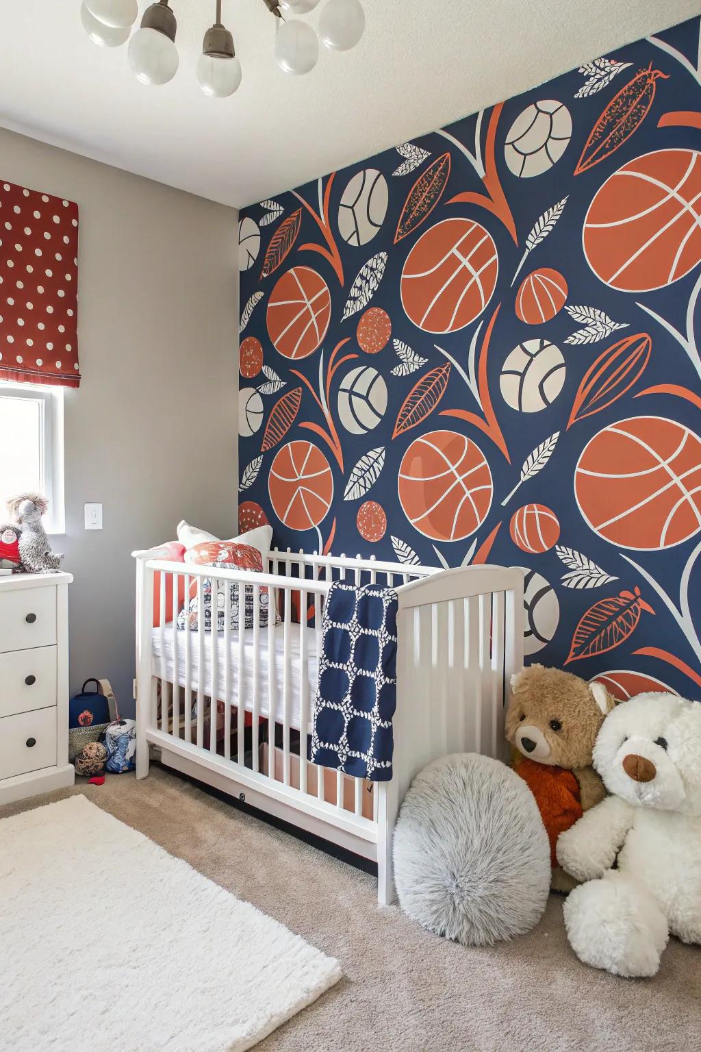 Sports-themed wallpaper creates a striking focal point in the nursery.