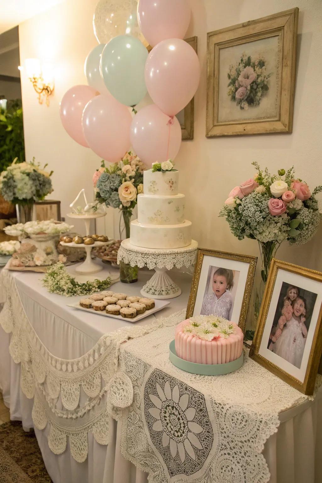 Classic-inspired features with lace textiles and antique borders add nostalgic charm.