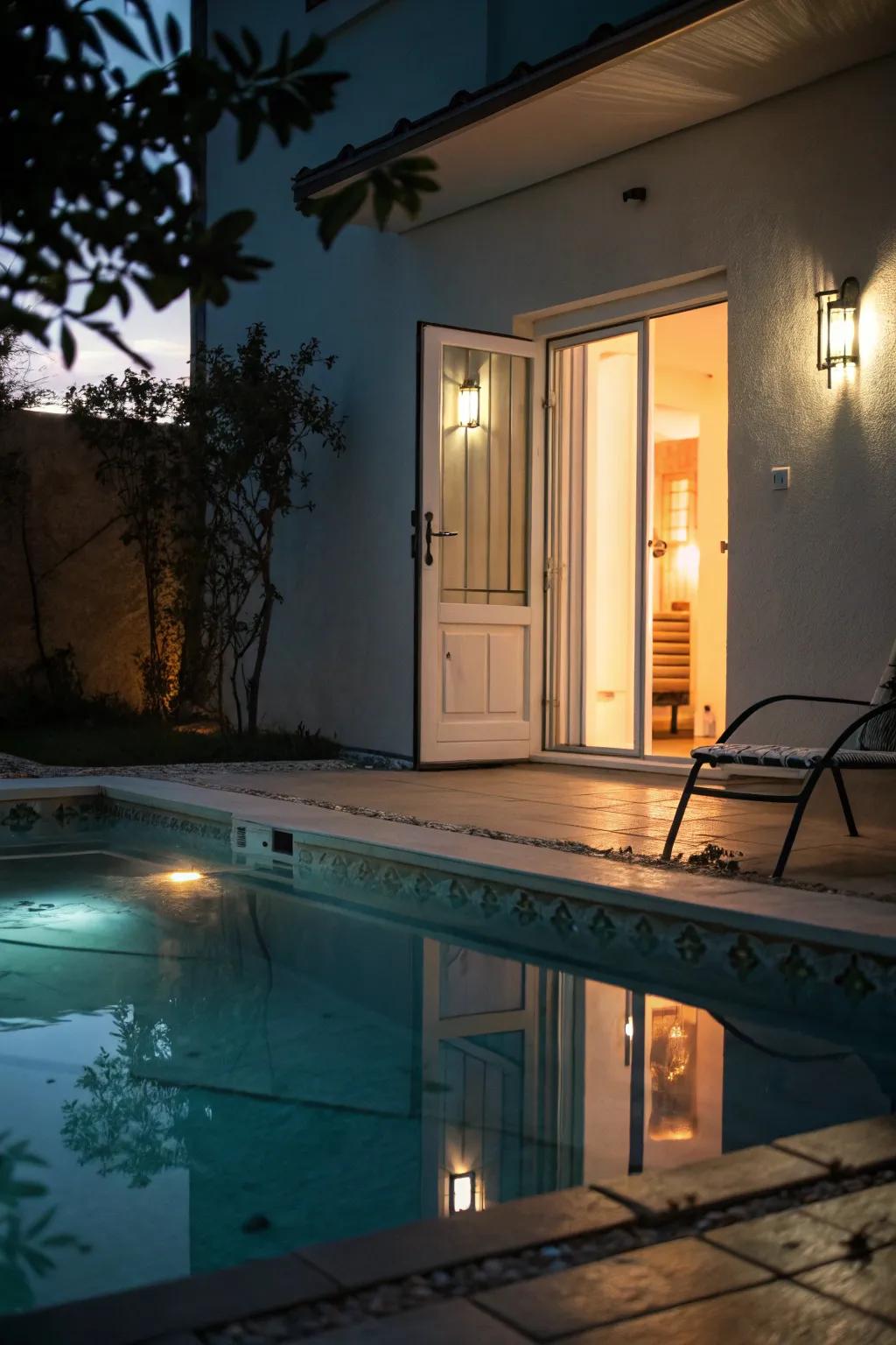 Reflective pool lighting makes the area look elegant and magical.