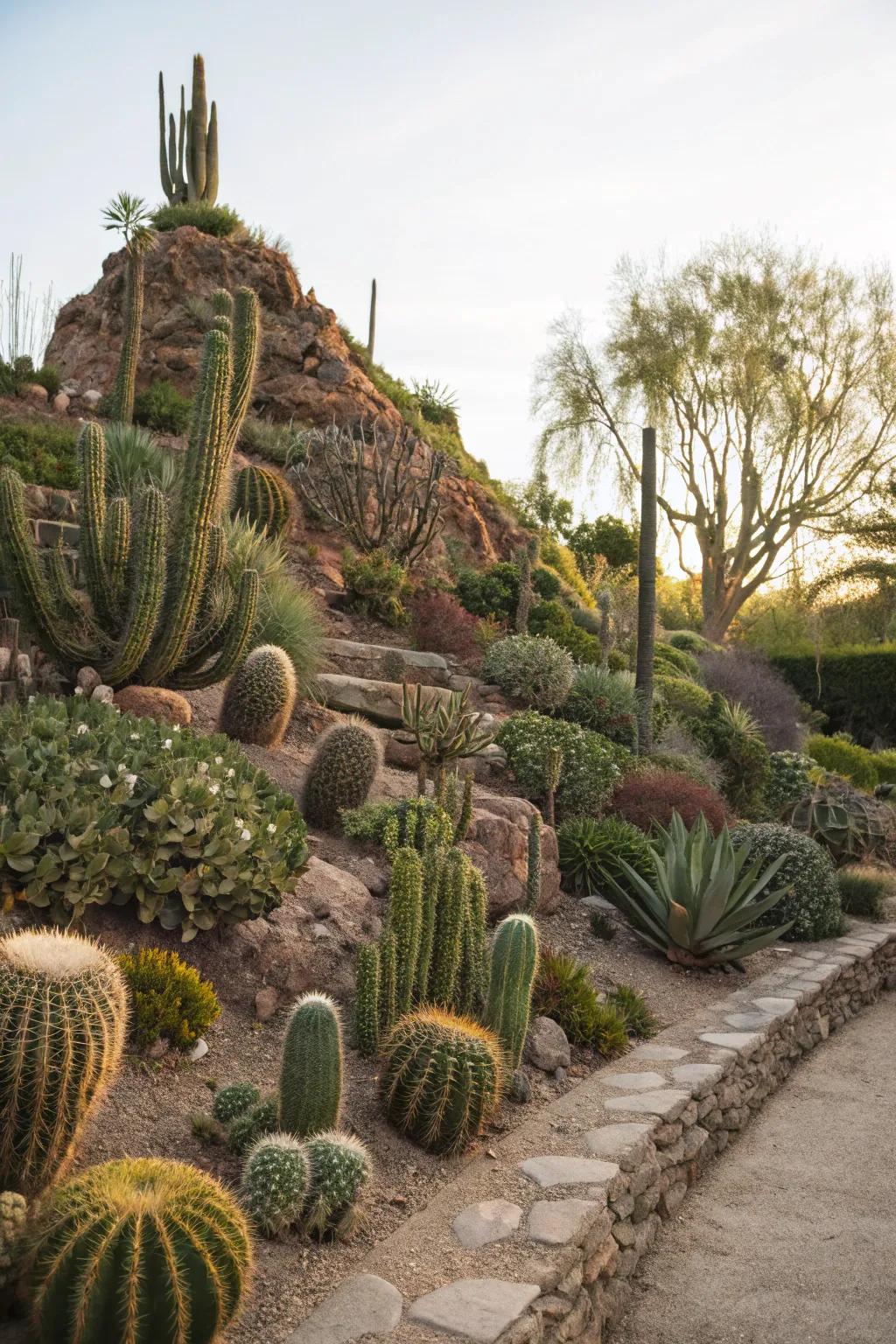 Cacti planted on a hill create a layered landscape.