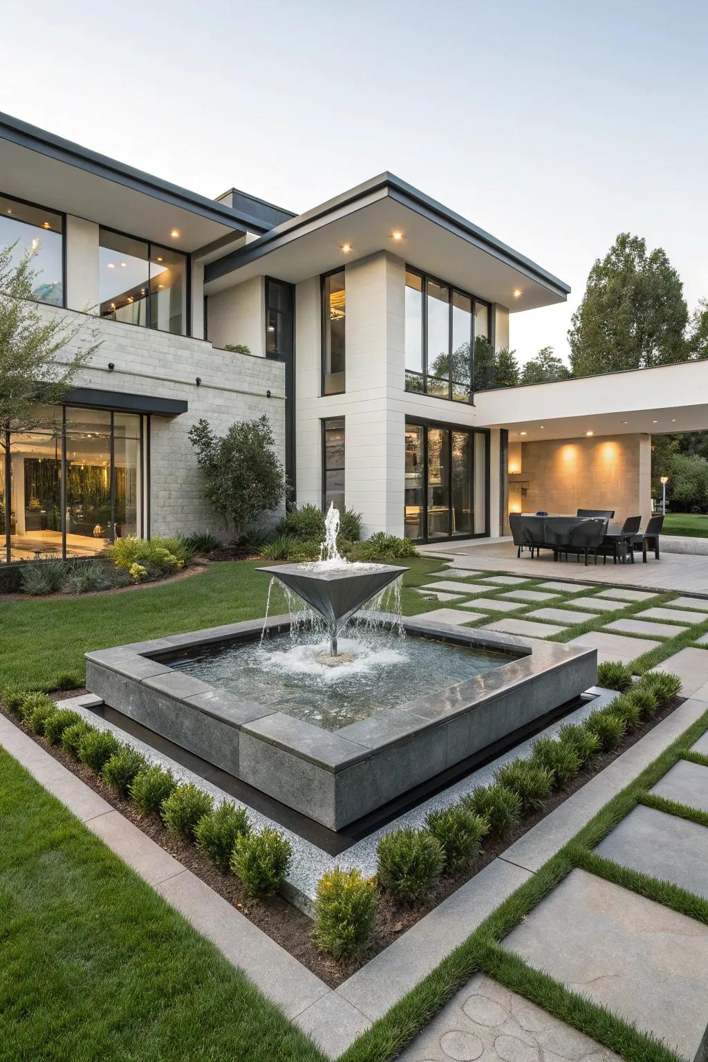 A angular fountain adds modern sophistication to your outdoor area.