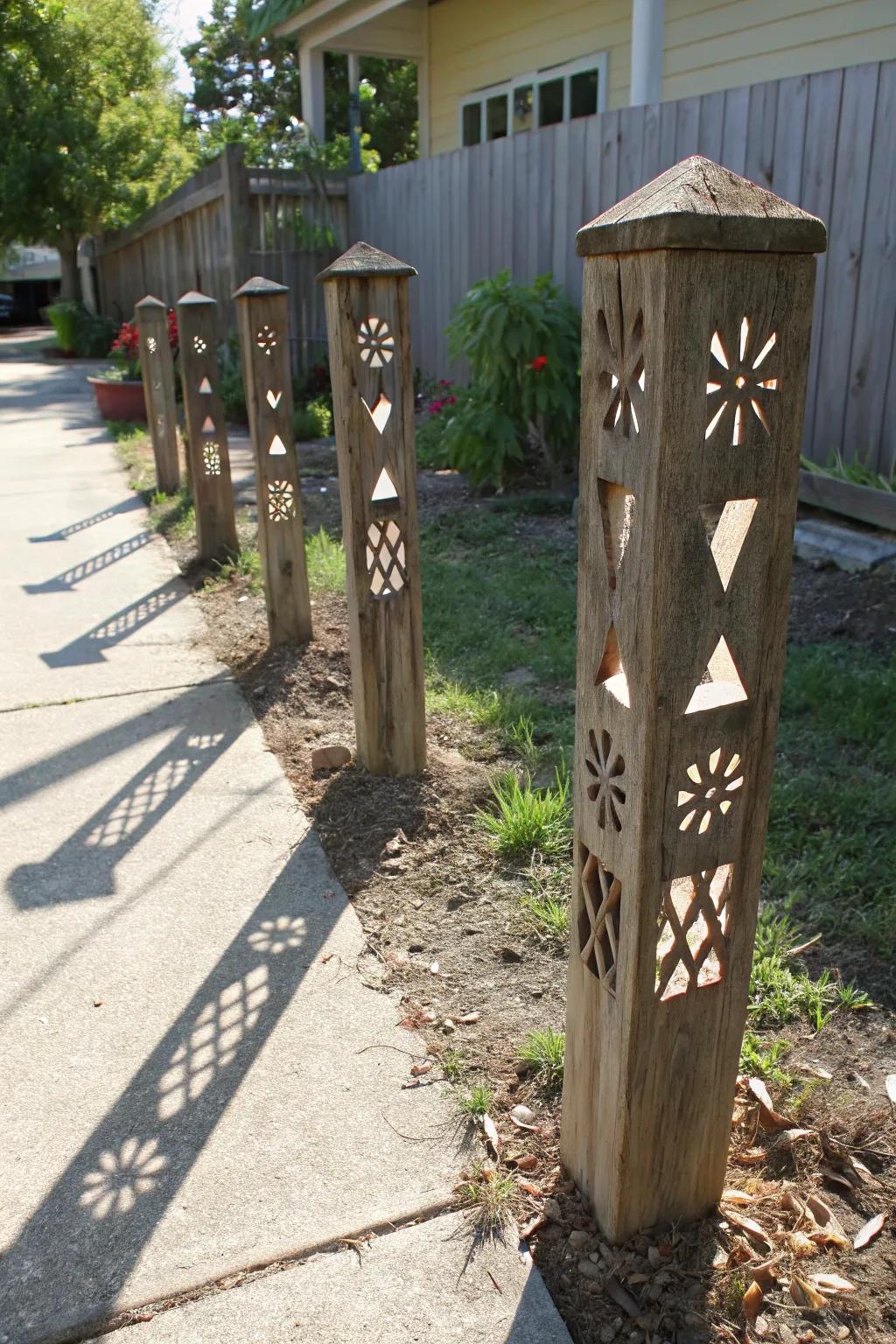 Experiment with light and shadow using geometric cutout posts.
