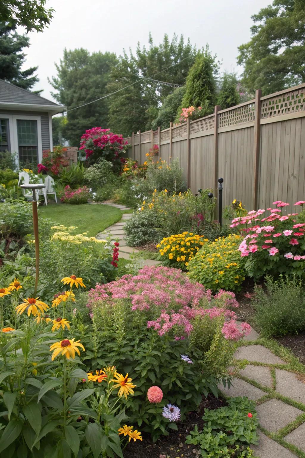 Mixed long bloomers offer seasonal interest and privacy.