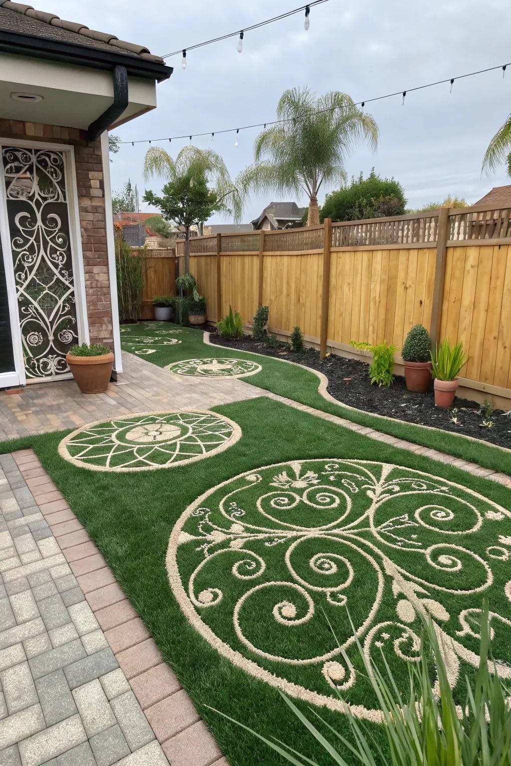 Creative artistic patterns in lush artificial lawn.