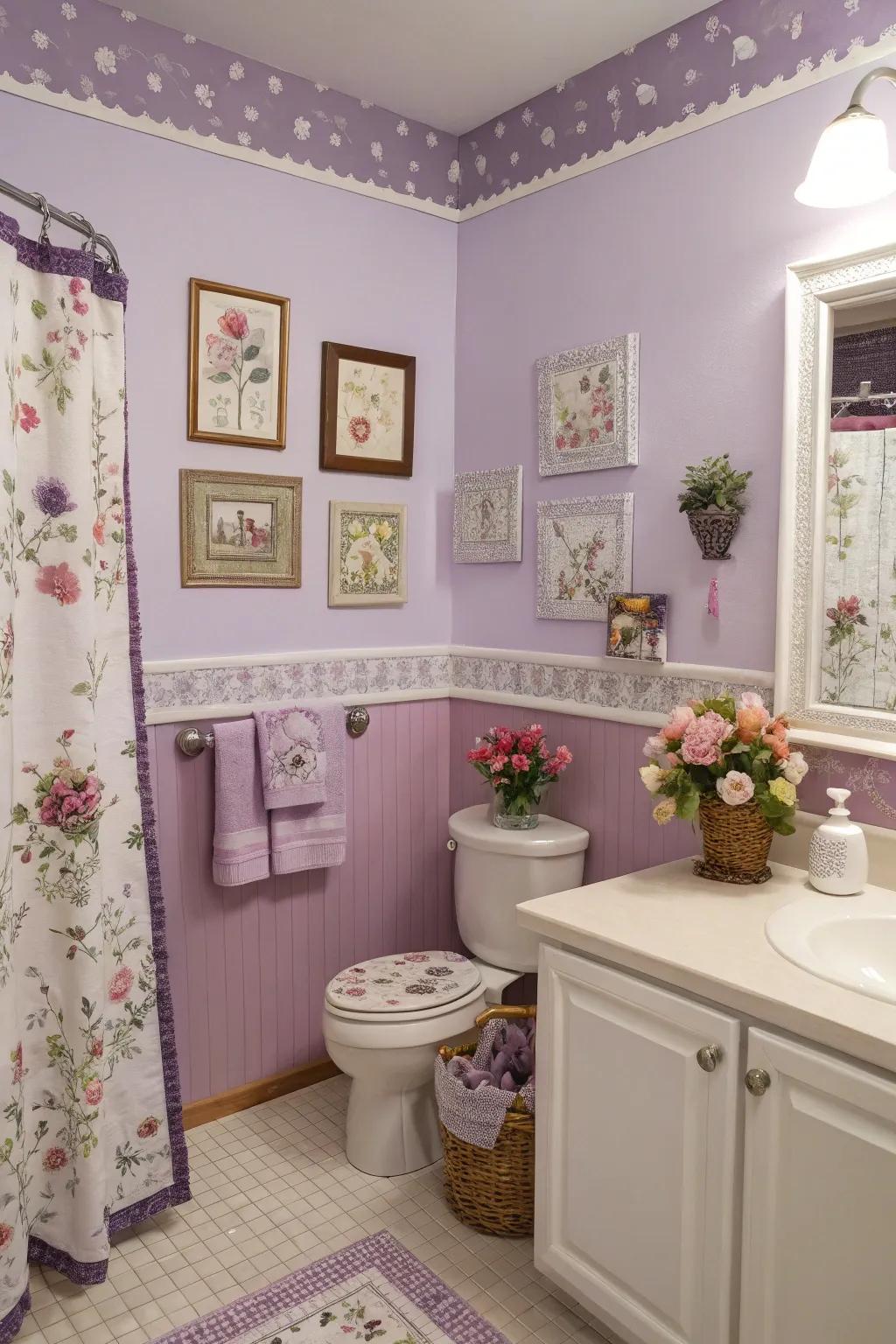 Lilac walls add a whimsical and soothing touch to the bathroom.