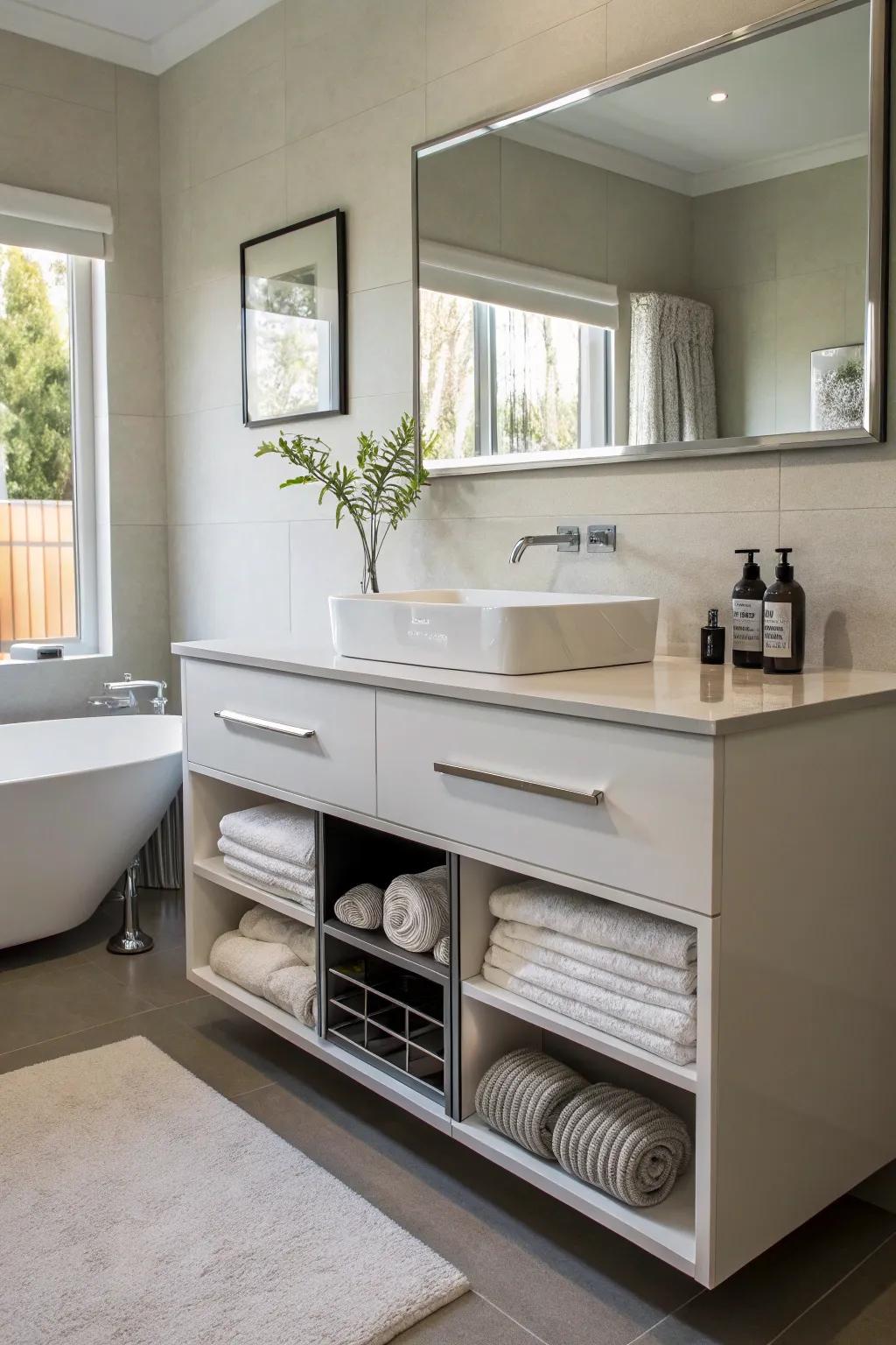 Floating vanities offer sleek and built-in towel storage solutions.