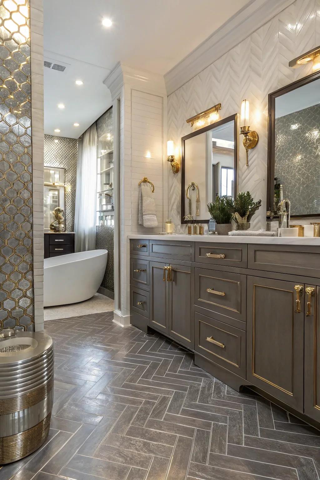 Resilient flooring with metallic details adds a touch of glamour to this luxurious bathroom.