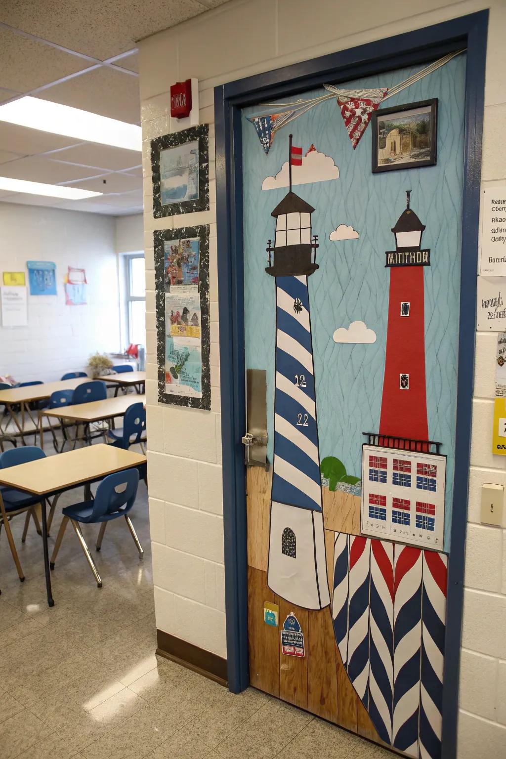 Classroom entrance with a seafarer's light theme guiding educational adventures.