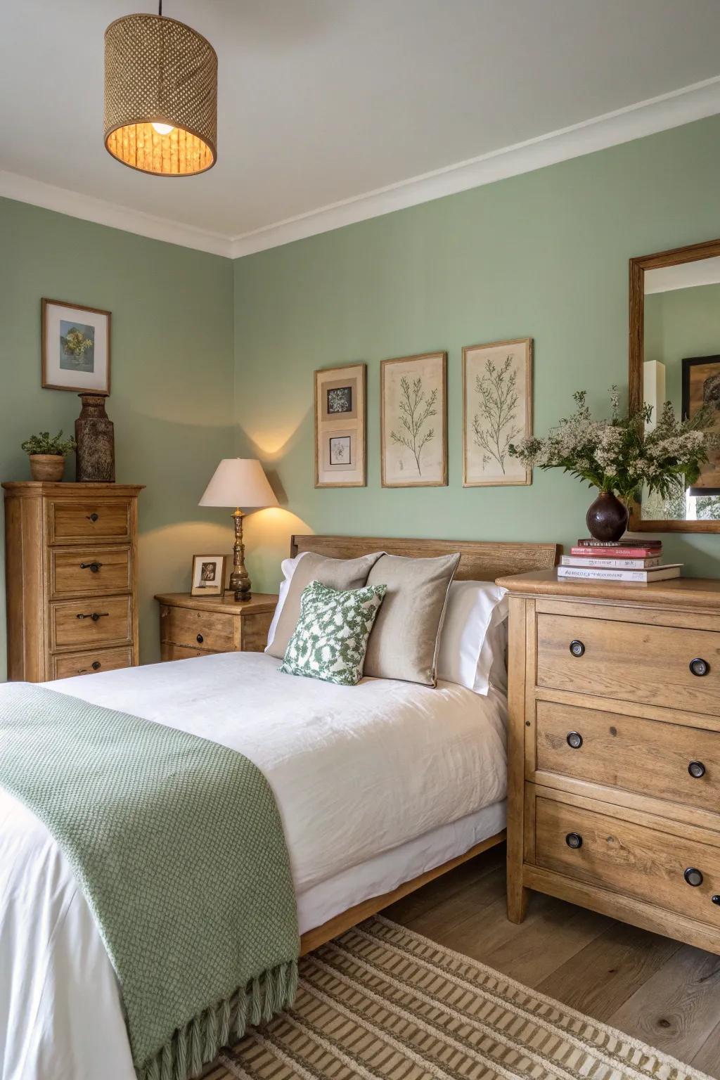 Soothing greens offer a tranquil and harmonious bedroom refuge.