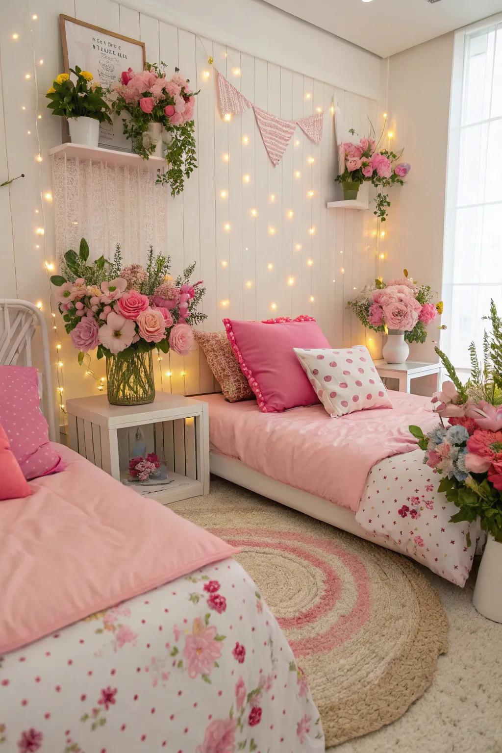 Playful girly accents like pink cushions and floral arrangements add a feminine touch to this bedroom.