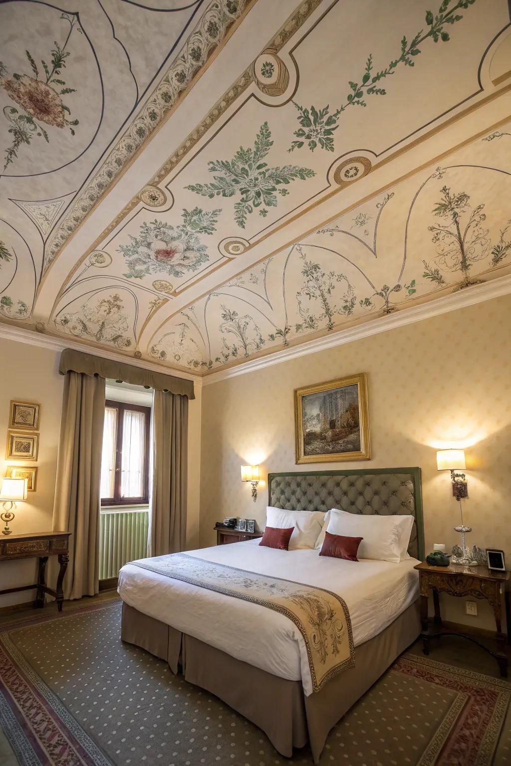 Ceiling decor introduces a surprising twist to this fashionable bedroom.