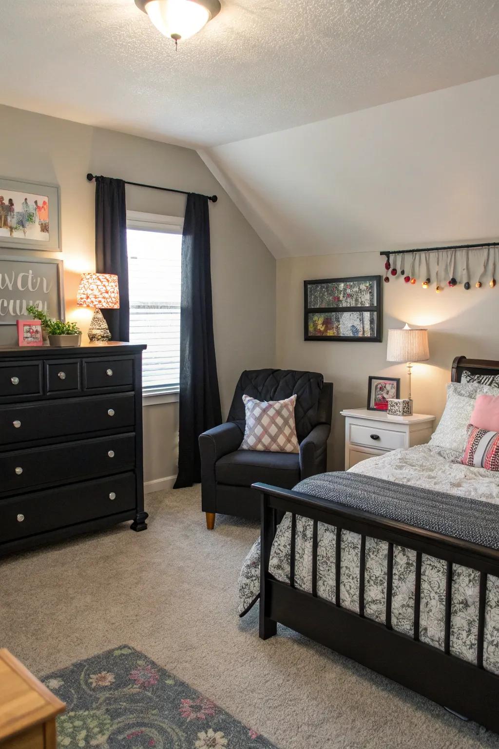 A cozy nook offers a personal escape in a bedroom featuring bold dark furniture.