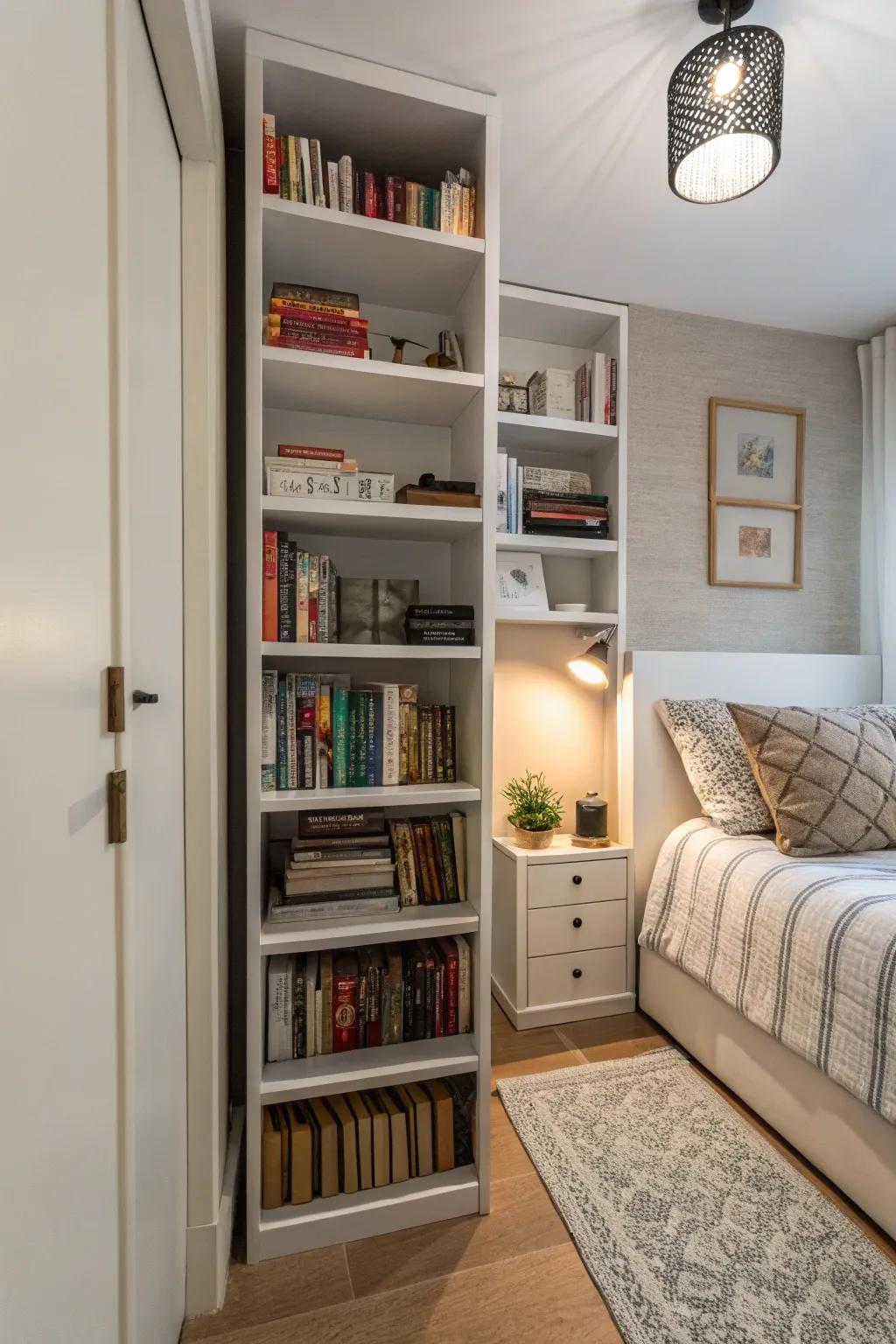 Tall shelves maximize the utilization of vertical space in compact bedrooms.