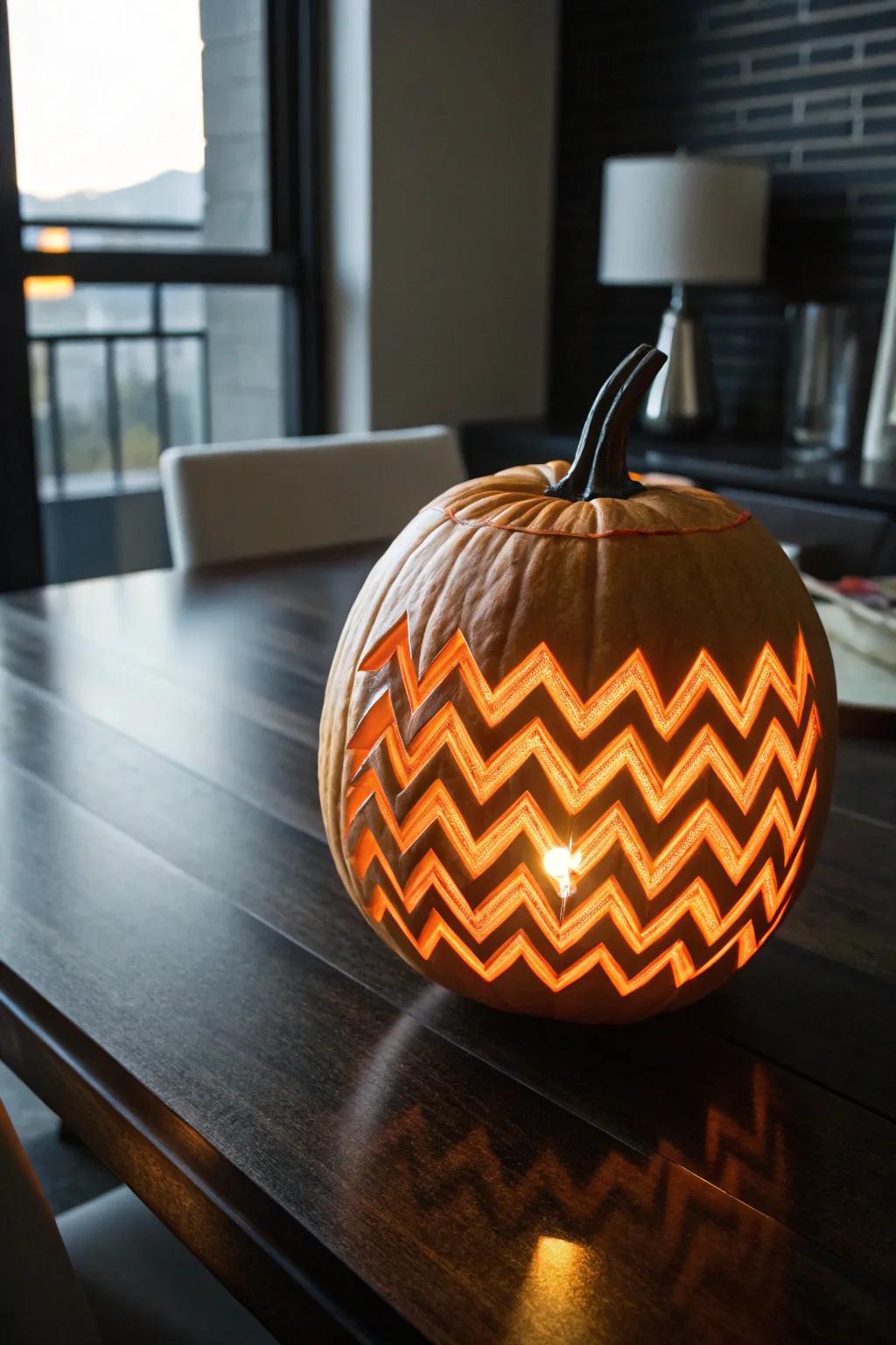With contemporary zig-zag pumpkin carvings, improve your Halloween d&eacute;cor.